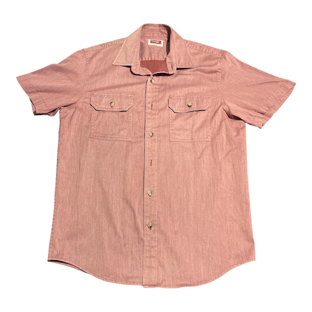 Wrangler Button Down Shirt Mens Small Pink Short Sleeve Dual Pocket Casual Twill